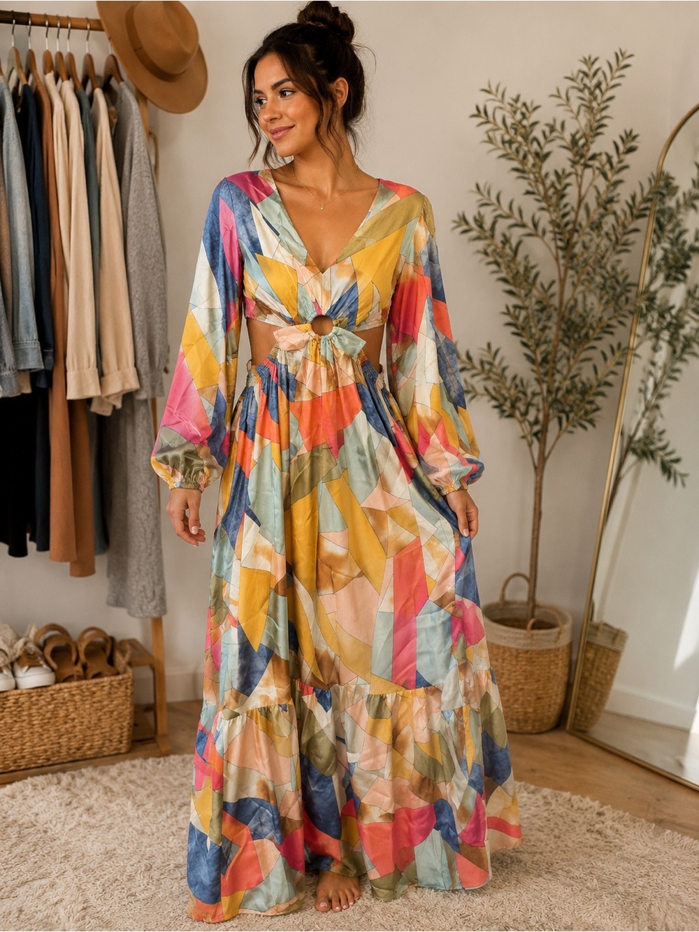 Multicolor Geometric Ring-Front Maxi Dress